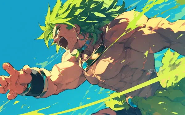 Anime HD PC desktop wallpaper of Broly (Dragon Ball) from Dragon Ball Super: Broly — green Super Saiyan Broly roaring and charging forward amid vivid streaks of energy.