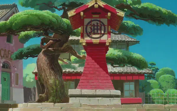 Studio Ghibli Spirited Away anime 4K Ultra HD desktop wallpaper showing a red altar shrine beside a gnarled tree, tiled roofs and lush greenery under a clear turquoise sky.
