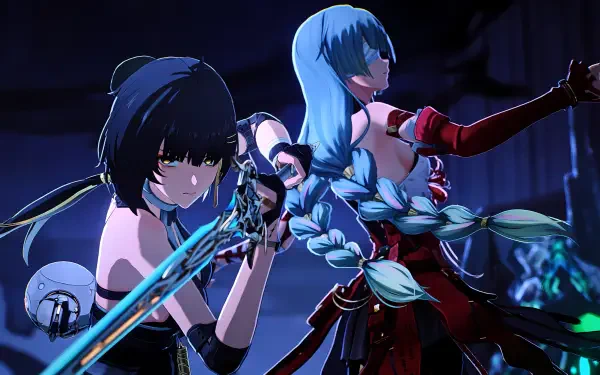 HD PC wallpaper from the video game Wuthering Waves featuring Phrolova and Rover back-to-back, blades drawn under moody blue lighting.