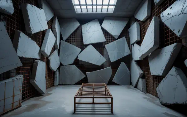 4K Ultra HD PC desktop wallpaper/background: stark jail cell with single metal bed frame, fragmented geometric concrete slabs on walls and a barred skylight overhead.