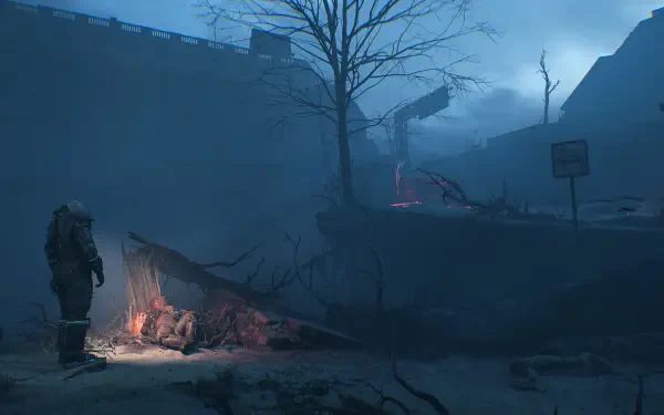 Cronos: The New Dawn video game 4K Ultra HD PC desktop wallpaper and background — lone hazmat-clad figure at a dim campfire beneath a tarp in a foggy, ruined urban landscape.