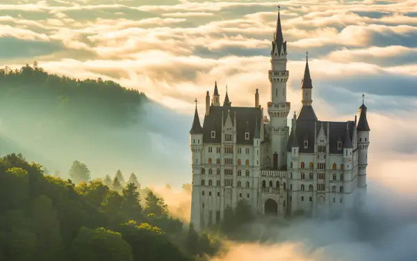 Fairytale castle rising from morning mist above a sunlit forest, dramatic spires and rolling clouds — 4K Ultra HD PC Desktop Wallpaper and Background.