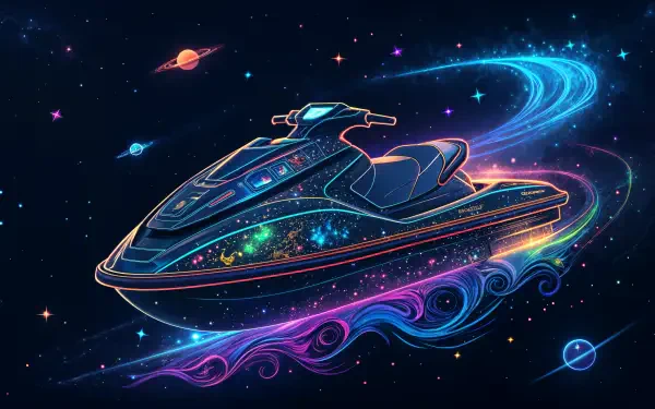 4K Ultra HD PC desktop wallpaper: neon cosmic jet ski cruising through stars and planets, trailing colorful galactic waves against a dark space background.