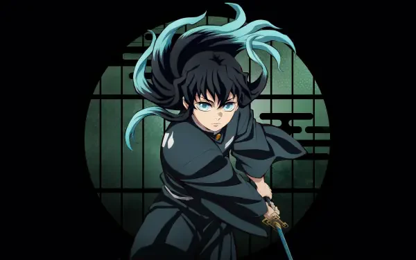 4K Ultra HD PC desktop wallpaper and background featuring Demon Slayer: Kimetsu no Yaiba swordsman with dark, wind-tossed hair and icy blue eyes, poised with a drawn katana before a circular shoji screen.