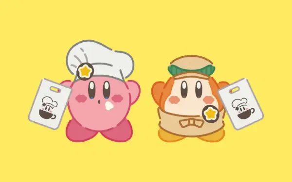 HD PC desktop wallpaper background: Kirby in a chef hat and Waddle Dee in a café outfit holding menus on a bright yellow Kirby Cafe illustration.