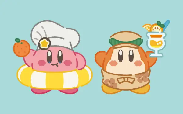 HD PC desktop wallpaper background: Kirby in a chef hat with a lifebuoy and orange, alongside a Kirby Cafe server holding a parfait on a light teal backdrop.