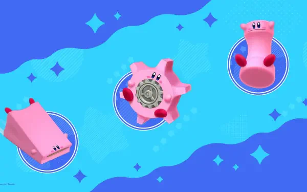 HD PC desktop wallpaper: Kirby from Kirby and The Forgotten Land in three pink transformations (block, coin-bearing, and upright) on a bright blue starry background.