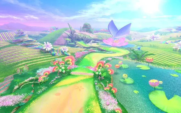 Kirby Air Riders HD PC desktop wallpaper featuring pastel rolling fields, floating flower islands, winding paths and a bright, dreamy sky in a whimsical fantasy landscape.
