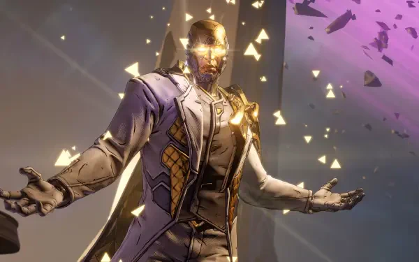 Borderlands 4 video game 4K Ultra HD PC desktop wallpaper: golden-armored figure in a glowing suit, arms outstretched amid floating triangular light shards and a purple sci‑fi sky.