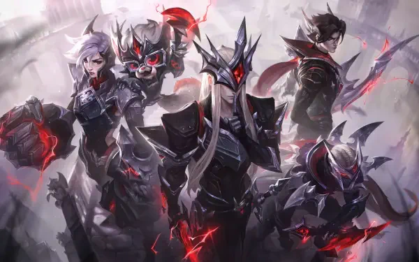 League of Legends HD desktop wallpaper: Yone, Vi, Gnar and Varus in dark, red-accented armor grouped together against a smoky, battle-worn backdrop.
