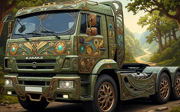 Ornate green Kamaz truck with Celtic-style engravings parked on a sunlit forest road — 4K Ultra HD PC desktop wallpaper and background.