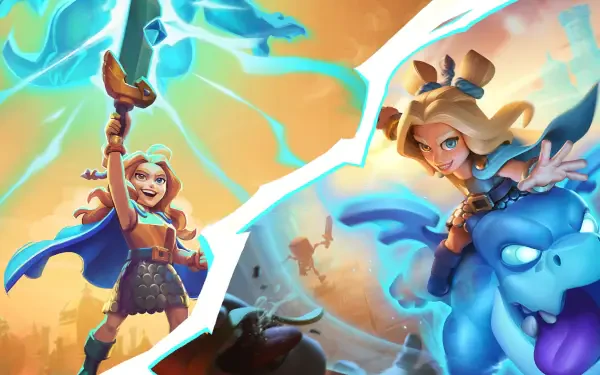 Clash Royale mobile game artwork: two heroes clash — a lightning caster and a blonde riding a blue drake — vibrant HD PC desktop wallpaper and background.