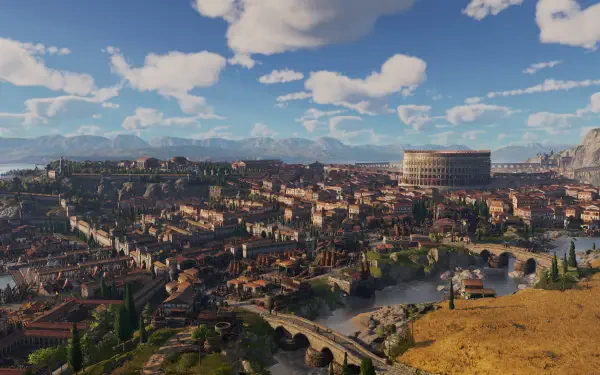 4K Ultra HD PC desktop wallpaper from the video game Anno 117: Pax Romana — sunlit panoramic Roman city with the Colosseum, winding river, stone bridges and distant hills under a blue sky.