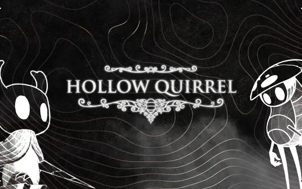 Monochrome Hollow Knight fan art 4K Ultra HD PC wallpaper: Quirrel and the Knight flank an ornate 'Hollow Quirrel' title over a dark, topographic atmospheric background — Team Cherry BugVenture vibe.