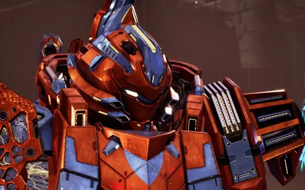 HD PC desktop wallpaper showing a red-and-blue Titanic Scion mecha close-up from the video game Daemon x Machina: Titanic Scion, detailed armored cockpit and shoulder plating.