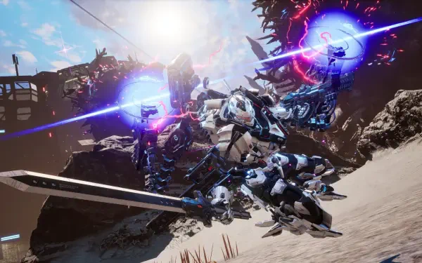 HD PC desktop wallpaper from the video game Daemon x Machina: Titanic Scion, showing a mecha in fierce battle, firing energy beams and swinging a massive sword across a sunlit wasteland.