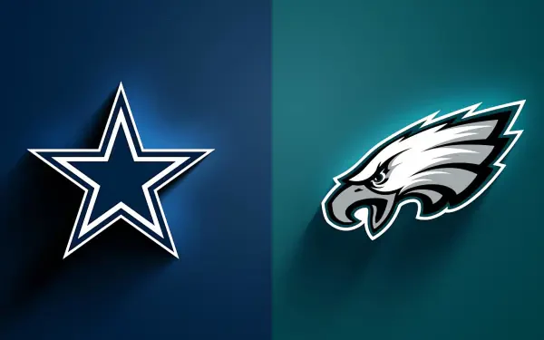HD PC desktop wallpaper showing the Dallas Cowboys star on the left and Philadelphia Eagles logo on the right over a split blue-green football background.