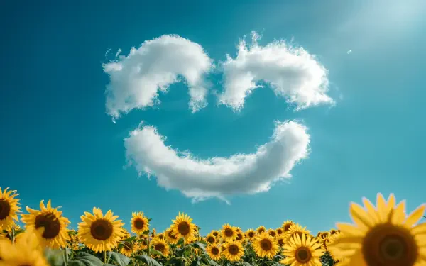 4K Ultra HD PC desktop wallpaper: sunflower field under a clear sky with a smiling cloud formation.