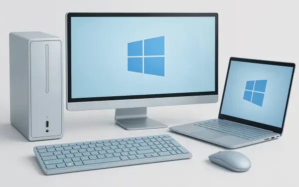Desktop PC, monitor and laptop with matching keyboard and mouse, screens show blue Windows logo on 4K Ultra HD PC desktop wallpaper and background against a light gray backdrop.