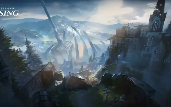 Destiny: Rising video game HD PC desktop wallpaper — cliffside fortress above a pine forest, misty mountain valley with towering curved spires and shafts of sunlight through clouds.