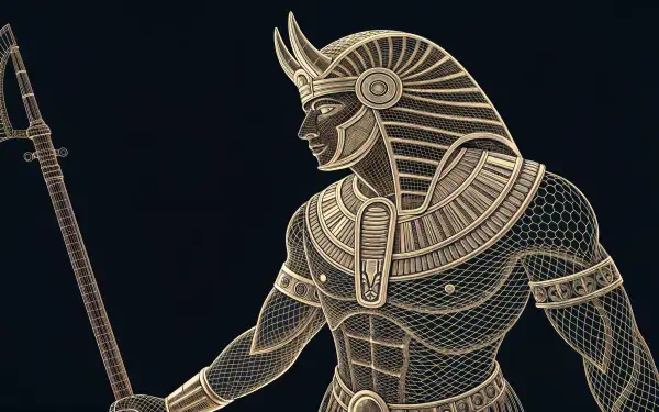 Gold-lined Egyptian warrior in a pharaoh headdress holding a spear on a dark backdrop — 4K Ultra HD PC desktop wallpaper and background.