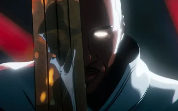 HD PC desktop wallpaper: shadowed, glowing-eyed figure from the Marvel Zombies TV show, close-up holding a blade with dramatic backlighting.