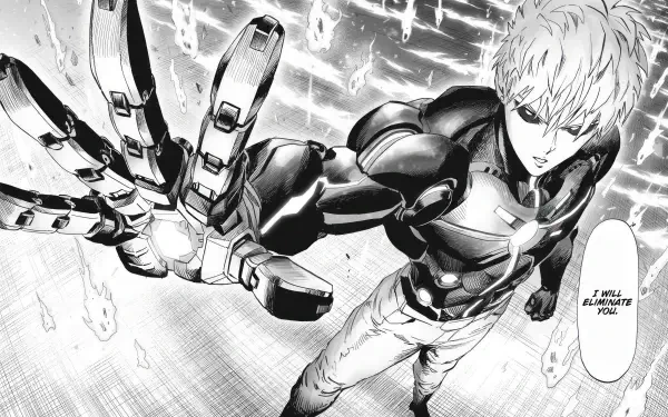 4K Ultra HD PC wallpaper background: manga One-Punch Man's Genos in a cool, dynamic pose, reaching with a mechanical arm amid energy shards and speed lines.