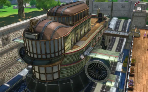 HD PC desktop wallpaper of the video game Trails in the Sky 1st Chapter: a detailed retro-futuristic airship/train docked above a sunlit city plaza with trees and platforms.