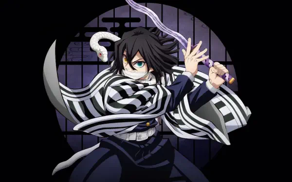 Obanai Iguro from Demon Slayer: Kimetsu No Yaiba - The Movie: Infinity Castle, 4K Ultra HD desktop wallpaper, poised with snake-wrapped katana and striped haori before a circular barred window.
