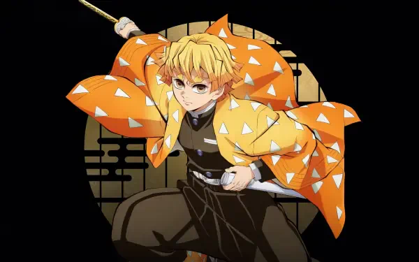 Zenitsu Agatsuma from Demon Slayer: Kimetsu No Yaiba - The Movie: Infinity Castle, poised to strike in his yellow triangle haori; 4K Ultra HD PC desktop wallpaper/background.