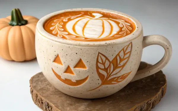 4K Ultra HD PC desktop wallpaper: pumpkin spice latte in a jack-o'-lantern mug with pumpkin latte art, small pumpkin on a wood slice.