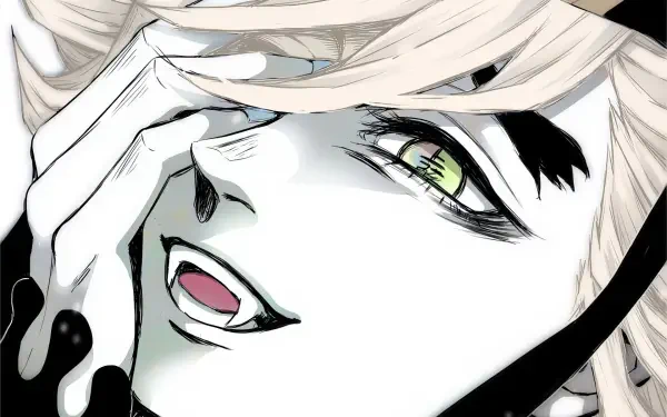 Close-up of Doma (Demon Slayer: Kimetsu no Yaiba) grinning with pale skin, light hair and green eyes, hand over his face — HD anime PC desktop wallpaper/background.