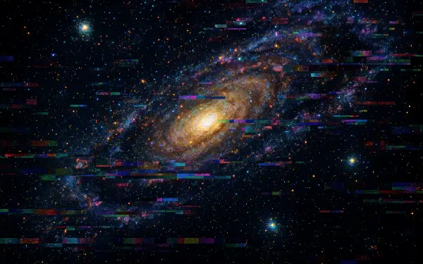 4K Ultra HD PC desktop wallpaper: a golden spiral galaxy amid colorful nebulae and stars, with glitch-like horizontal color streaks across a deep universe backdrop.