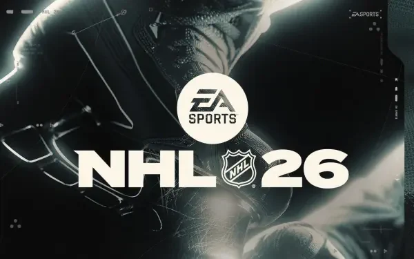 HD PC desktop wallpaper of the EA SPORTS NHL 26 logo over a dark close-up of hockey player gear, a video game promotional background.