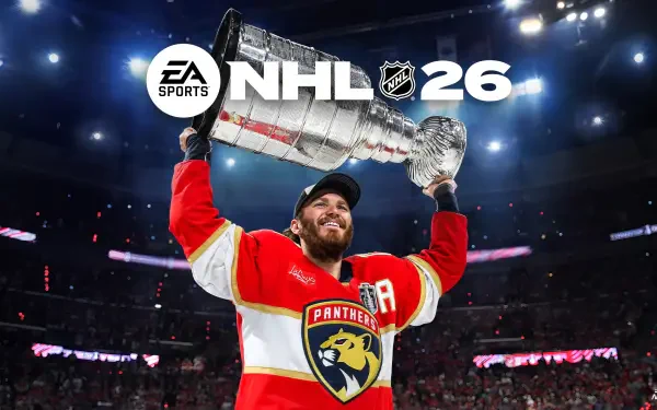 NHL 26 HD PC wallpaper: hockey player in Panthers jersey lifts the Stanley Cup in a packed arena, with EA Sports and NHL 26 logos overhead.