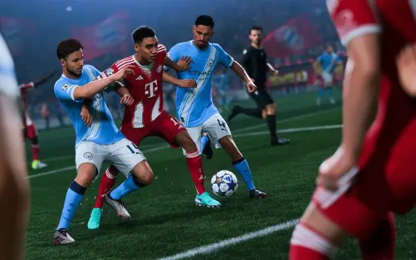 EA Sports FC 26 video game 4K Ultra HD PC desktop wallpaper: realistic soccer scene of a red‑kit forward shielding the ball amid two sky‑blue defenders in a packed stadium.