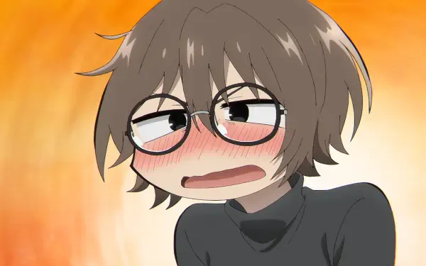 Anime HD PC desktop wallpaper: Anko Uguisu from Call of the Night, blushing and flustered with short brown hair against a warm orange background.