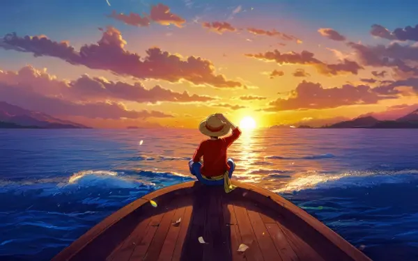 One Piece scene: Luffy at the bow of a small boat watching a golden sunset over calm seas — 4K Ultra HD PC desktop wallpaper and background.