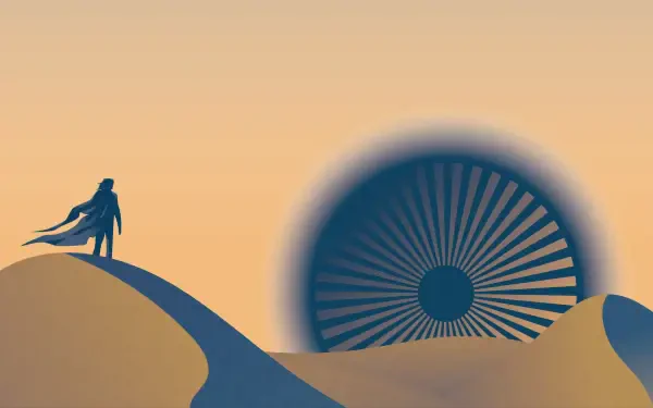 Dune (2021) 4K Ultra HD PC desktop wallpaper/background: silhouetted figure on wind-swept sand dunes facing a colossal radial sunburst structure beneath a pale peach sky.