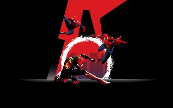 Spider-Man: No Way Home 4K Ultra HD PC desktop wallpaper showing three Spider-Men leaping and crouching in dynamic poses against a bold red emblem on black background.