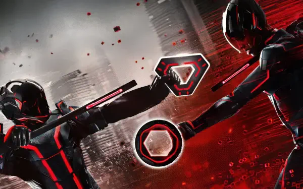 Tron: Ares 4K Ultra HD PC desktop wallpaper showing two armored light-suit combatants clashing with glowing discs and staves amid a red-and-black neon cyber city background.