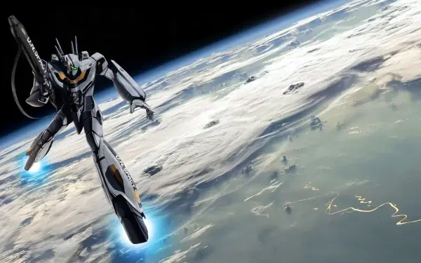 Battloid (Robotech/Macross) fighter soars above Earth with glowing thrusters and distant ships — HD PC desktop wallpaper/background.