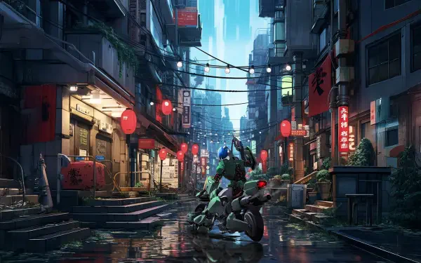 8K Ultra HD PC wallpaper — Robotech/Macross mecha rider on a hoverbike in a neon-lit rainy cyberpunk street, paper lanterns and glossy wet reflections.