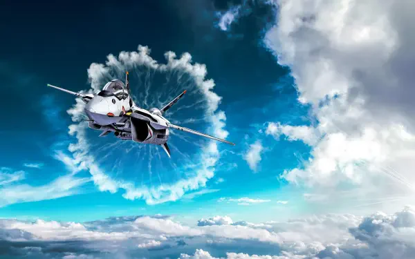 Robotech/Macross VF fighter bursting through a circular cloud vortex over sunlit skies and ocean — 4K Ultra HD PC desktop wallpaper and background.