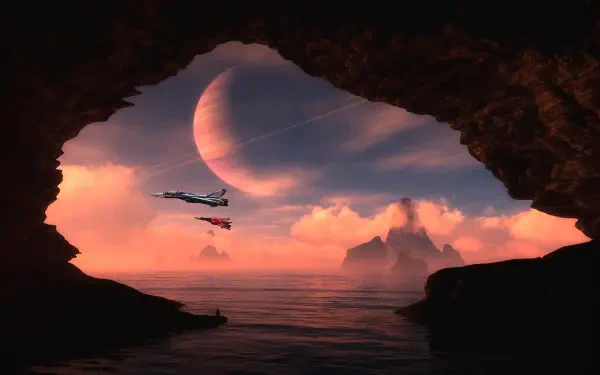 Robotech/Macross HD PC desktop wallpaper: fighters soar over an alien ocean at sunset, seen through a cave opening with a huge moon and distant rocky isles.