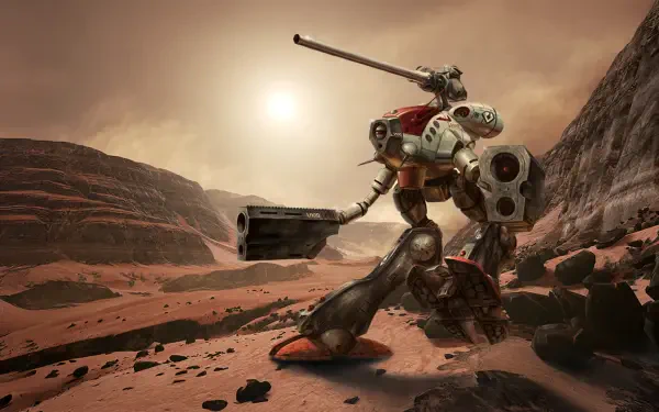 Robotech/Macross HD PC desktop wallpaper of a rugged combat mecha standing on a rocky desert plain beneath a low sun, cannon raised amid dust and scattered debris.