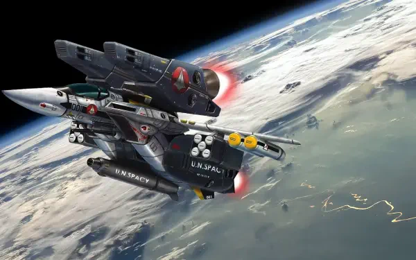 HD PC desktop wallpaper/background: Robotech/Macross variable fighter streaking above Earth, engines glowing and missiles visible in a dramatic sci‑fi space scene.