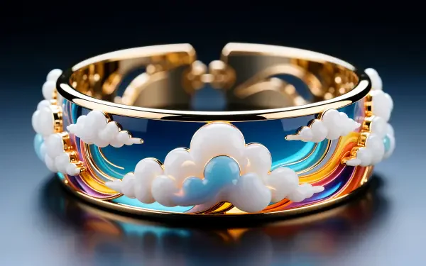 Gold cuff bracelet with cloud and rainbow enamel motifs, gleaming on a reflective surface, 4K Ultra HD PC desktop wallpaper and background.