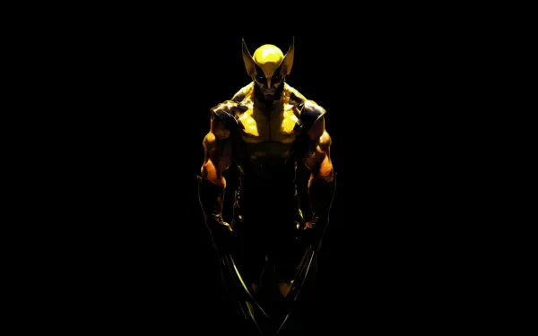 Dark comic Wolverine in HD PC desktop wallpaper: silhouette emerging from black, yellow mask and claws glowing in low light.