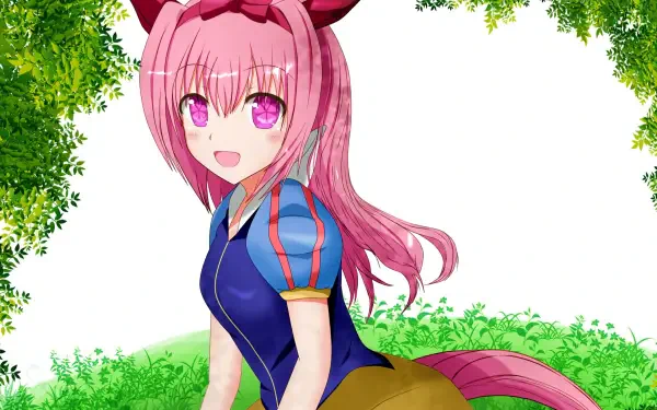 HD PC desktop wallpaper: Haru Urara from Uma Musume: Pretty Derby — pink-haired girl with horse ears and tail, smiling in a grassy clearing framed by leafy trees.